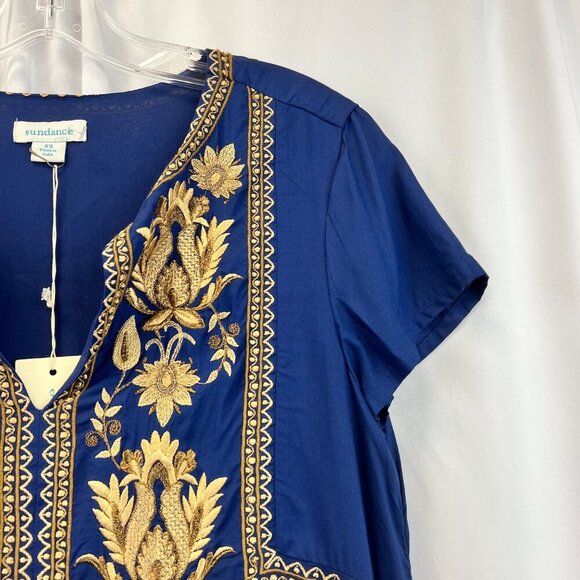 Sundance Women’s Embroidered Shift Dress Short Sleeve Blue/Gold XS New Pockets - Picture 4 of 10
